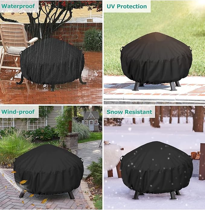 Bettermade Fire Pit Cover Round for Fire Pit 32 Inch, Waterproof Outdoor Fire Pit Cover with Polyster and PVC Coating, 32.5 Dia x 16.7 H, Black