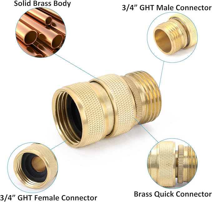 STYDDI Brass Full Flow Garden Hose Quick Release Connect Adaptor Fitting, Full Port Solid Brass Outdoor Water Hose Quick Disconnect Connector Coupler with Male and Female, with 4 Hose Washers - 3 Sets