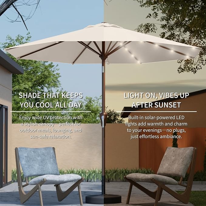 10FT Solar Umbrella 32 LED Lighted Patio Umbrella Table Market Umbrella w/Tilt and Crank, UV-Resistant Outdoor Umbrella for Pool, Garden, Deck, Creamy White
