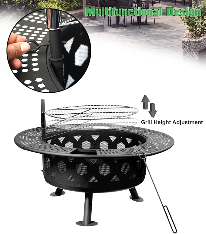 Bettermade 32 Inch 2 in 1 Large Camping Fire Pits for Outside with Cooking Grill and Fire Poker, Outdoor Fire Pit, Wood Burning Firepit for BBQ, Warm up, Patio, Bonfire, Camping, Picnic