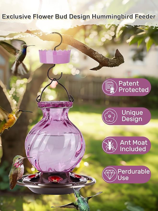 Auslar 26 Ounces Hummingbird Feeder, Purple Hummingbird Feeders for Outdoors Hanging, Ant Moat and 5 Flower Feeding Ports, Fade Proof, Rustproof, Leakproof, Netted Flower Bud Shape Bottle
