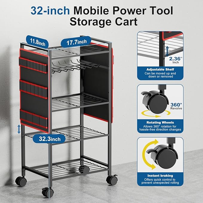 5 - Tier Power Tool Organizer Cart - 300 lbs Heavy Duty Utility Rack Shelf, Rolling Drill Holder & Tool Storage Cart on Wheels for Garage, Workshop, Ideal Gift for Men (no Power)