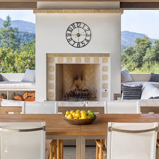 Large Outdoor Clock, 24 Inch Silent Non-Ticking Battery Operated Outdoor Wall Clock, Black Modern Metal Wall Clock for Patio, Porch, Pool Area, Kitchen, Bedroom, Living Room, Farmhouse Decor