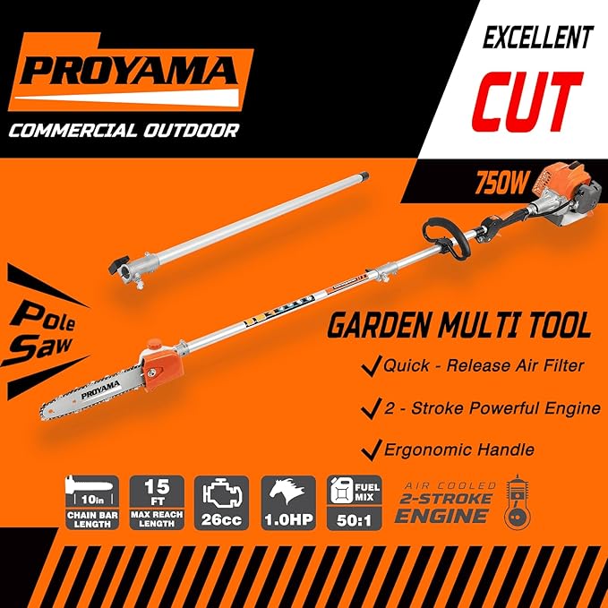 PROYAMA 26cc 6 in 1 Multi Functional Trimming Tools, Gas Hedge Trimmer, Weed Eater, String Trimmer, Brush Cutter, Edger, Pole Saw Chainsaw Pruner with Extension Pole