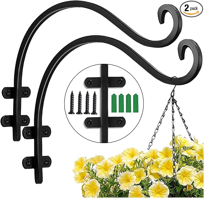 12 Inch Plant Hangers Outdoor 2 Pack Black, Heavy Duty Plant Hanging Bracket Hook for Flowers Baskets Planter Pots Bird Feeder Lanterns Wind Chimes Outdoor Indoor
