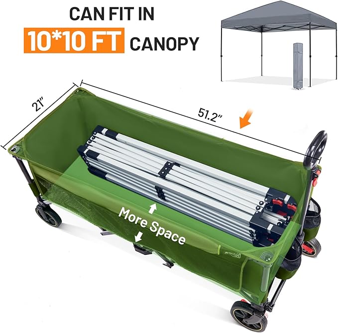 Timber Ridge 51.2'' Extended Collapsible Wagon Cart with Brakes and Cargo Net, Heavy Duty Foldable Utility Wagon with Adjustable Handle, 400L Capacity Portable Cart for Camping Sports Shopping