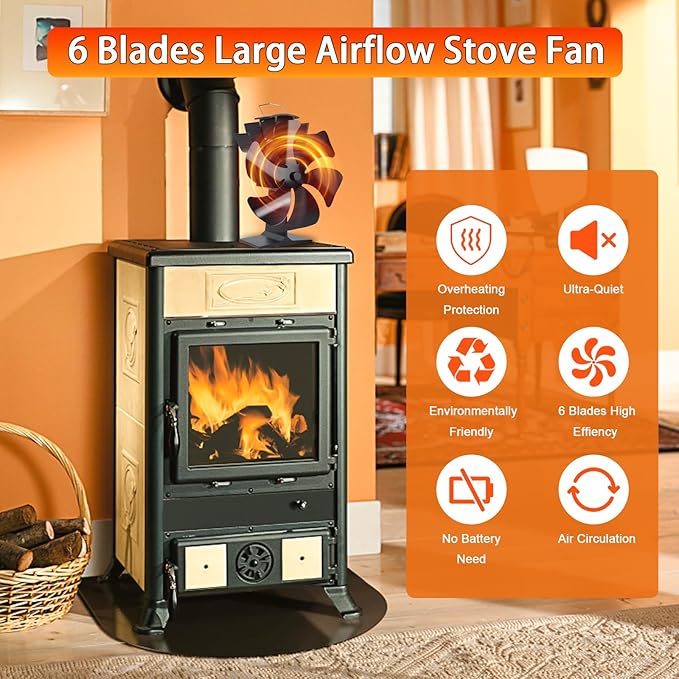 Tomersun Wood Stove Fan Heat Powered Stove Fan Heater Fireplace Fan for/Pellet/Wood Burner/Fireplace, with Thermometer