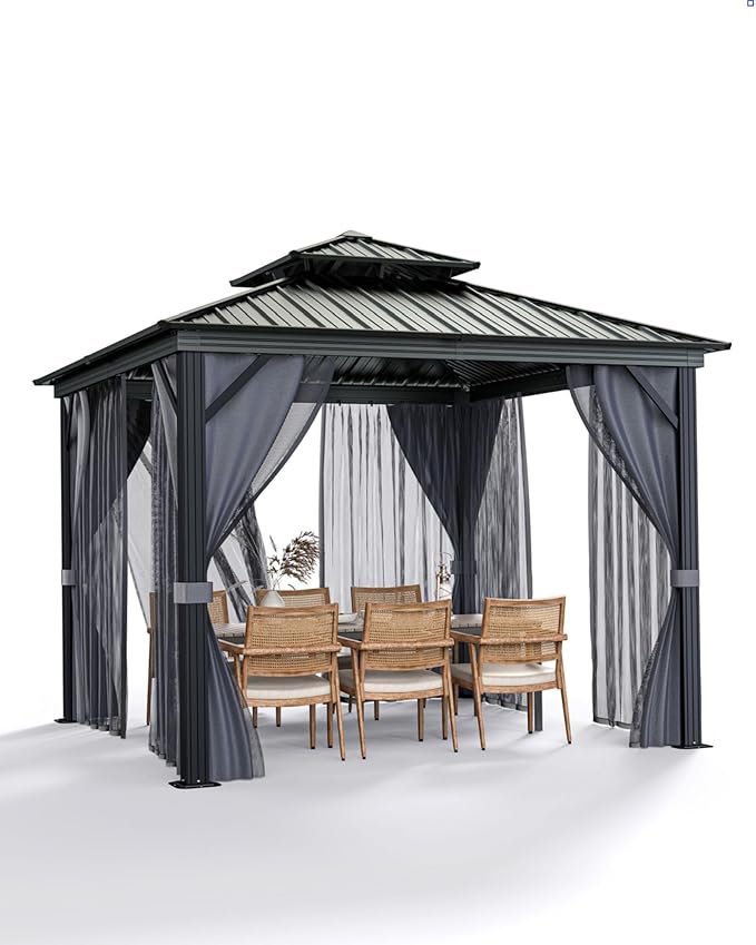 12x12 Ft Hardtop Gazebos with Heavy Duty Double Roof, Nettings and Curtains Galvanized Steel Outdoor Gazebos for Patio, Backyard, Deck, Lawn (Gray)