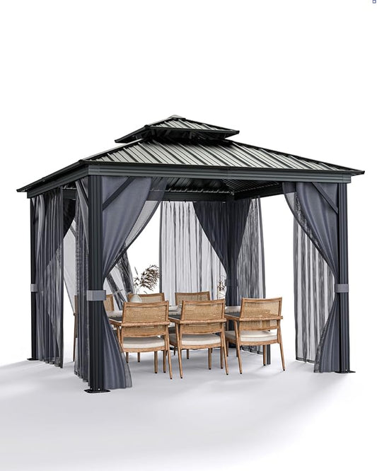 12x12 Ft Hardtop Gazebos with Heavy Duty Double Roof, Nettings and Curtains Galvanized Steel Outdoor Gazebos for Patio, Backyard, Deck, Lawn (Gray)
