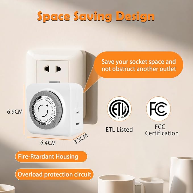 Timers for Electrical Outlets Indoor, 24-Hour Plug-in Mechanical Outlet Timer, 30 Minute Intervals, 2 Prong Light Timers, Daily On/Off Cycle for Christmas Tree, ETL Listed, 2Pack