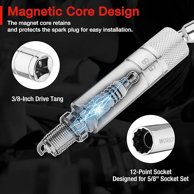 WORKPRO 5/8" Magnetic Spark Plug Socket with Magnetic Design, Swivel Thin Wall Spark Plug Socket, 3/8" Drive x 8" Total Length, 360 Degree Swivel, 12 Point