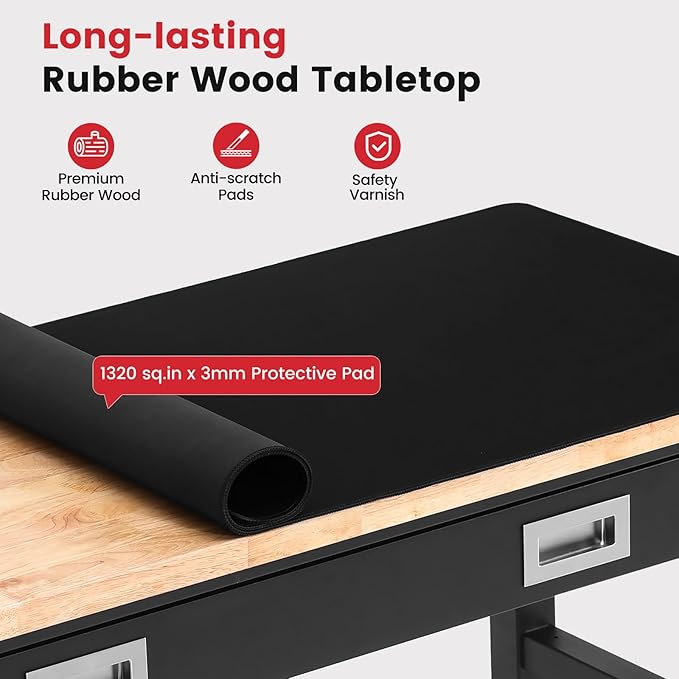 Work Bench for Garage with Drawers 60 x 22 Inch Heavy Duty Rubberwood Tabletop Work Table with Pegboard, Power Outlets Adjustable Workbench for Woodworking Shop, Home, Office, Electronic