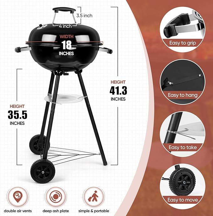 18 Inch Charcoal Grill, HaSteeL 2-In-1 Kettle Outdoor Barbecue Grill, Portable Black BBQ Grill for Camping/Backyard/Patio/Picnic, Porcelain-Enameled Lid & Fire Bowl, 254.SQ.IN Cooking Area, 13-Piece