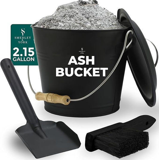 Smedley & York Black Ash Bucket with Lid, Complete Fireplace Tools Set, Includes Pail, Shovel & Broom, 2.15 Gallon Metal Coal Bucket with Accessories, Galvanized Iron Ash-Bucket for Fire Place