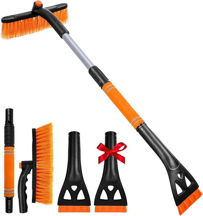 34" Extendable Ice Scrapers for Car Windshield 2-in-1 Snow Brush for Car Snow Scraper for Car Snow Scraper and Drush with Ergonomic Foam Grip for Cars, Trucks, SUV with 360° Pivoting Brush Head Orange