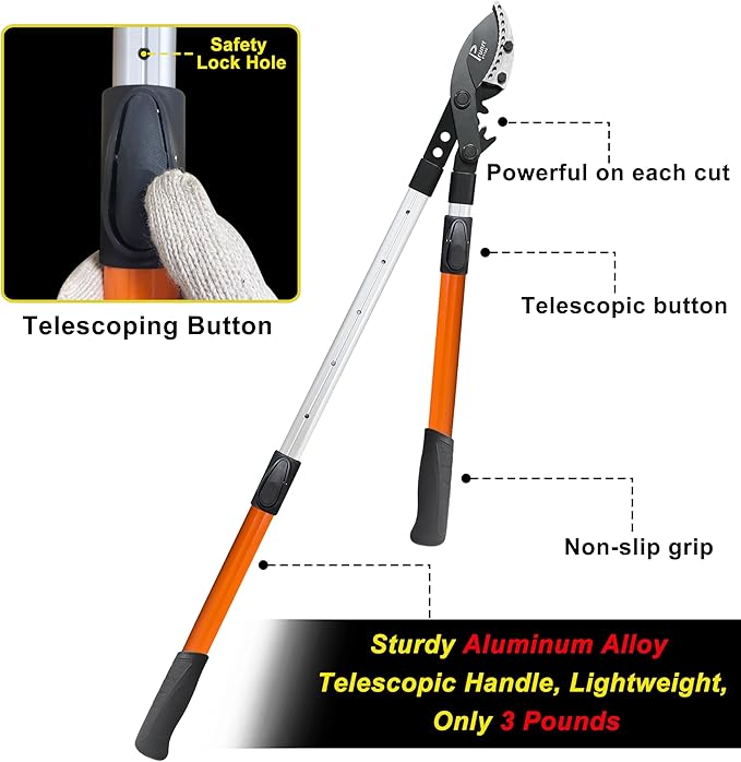 Loppers for Tree Trimming Heavy Duty, 26-40 Inch Handle Telescopic Tree Trimmer, Sync Drive Power Lever Pruner, 2 Inch Branch Cutter