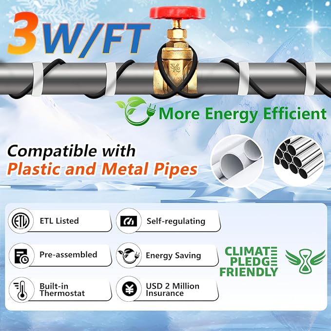 HEATIT 12ft Self-Regulating Pipe Heating Cable, Heat Tape for PVC Pipe Heater, Heat Trace Cable for Pipes, Thermostat control, Keeps Water Flowing at -40°F, ETL Listed, 120V 3W/FT