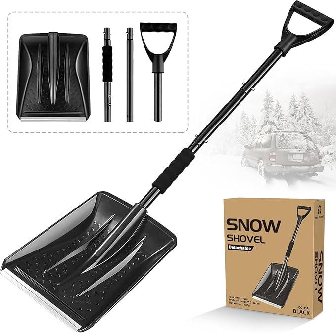 Snow Shovel, New Upgrade Snow Shovels for Car Driveway Snow Removal, Lightweight Portable Adjustable Large Capacity Shovel Perfect for Garden and Emergency(Black)