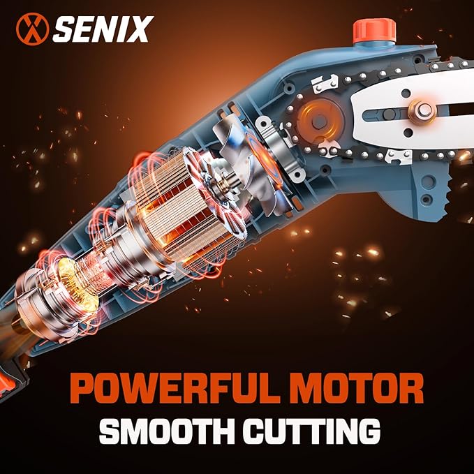 SENIX CSPE6.5-M 6.5 Amp Corded Electric Pole Saw with 8-Inch Oregon Bar and Chain, Chain Saw Tree Trimmer with Adjustable Extension Pole, Shoulder Strap Included