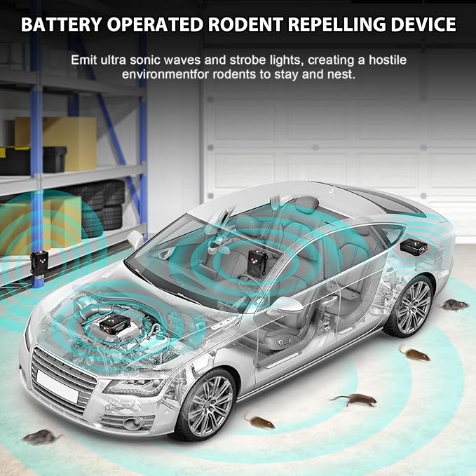 Rodent Repellent for Cars Battery Operated Ultrasonic Mice and Rat Deterrent with LED Flashlights, Wireless Under Hood Animal Repeller Pest Control Device for RV, Truck, and Vehicle Engine Protection