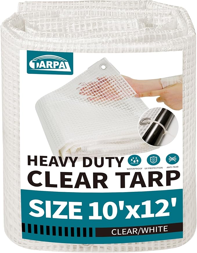 TARPAL 10'x12' Clear White Tarp Heavy Duty Waterproof 12mil with Grommets or Zip Ties for Large Greenhouses for Outdoors Garden,Farm,Chicken Coops