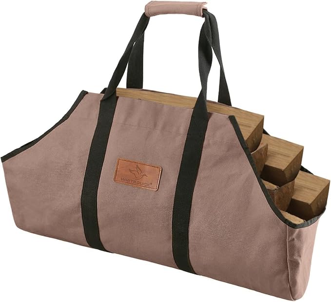 WHITEDUCK TUFF Large Firewood Carrier 21 Oz. Heavy Duty Waxed Canvas Log Carrier Holder for Fireplace, Carrying Wood Indoor & Outdoor (Brown, Boat Shape (26"x17"x9"))