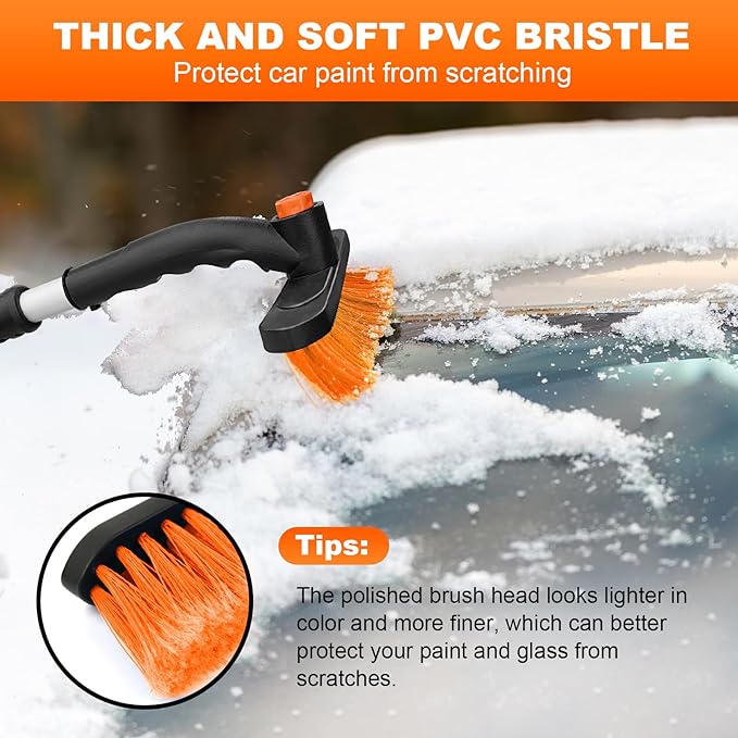 34" Extendable Ice Scrapers for Car Windshield 2-in-1 Snow Brush for Car Snow Scraper for Car Snow Scraper and Drush with Ergonomic Foam Grip for Cars, Trucks, SUV with 360° Pivoting Brush Head Orange