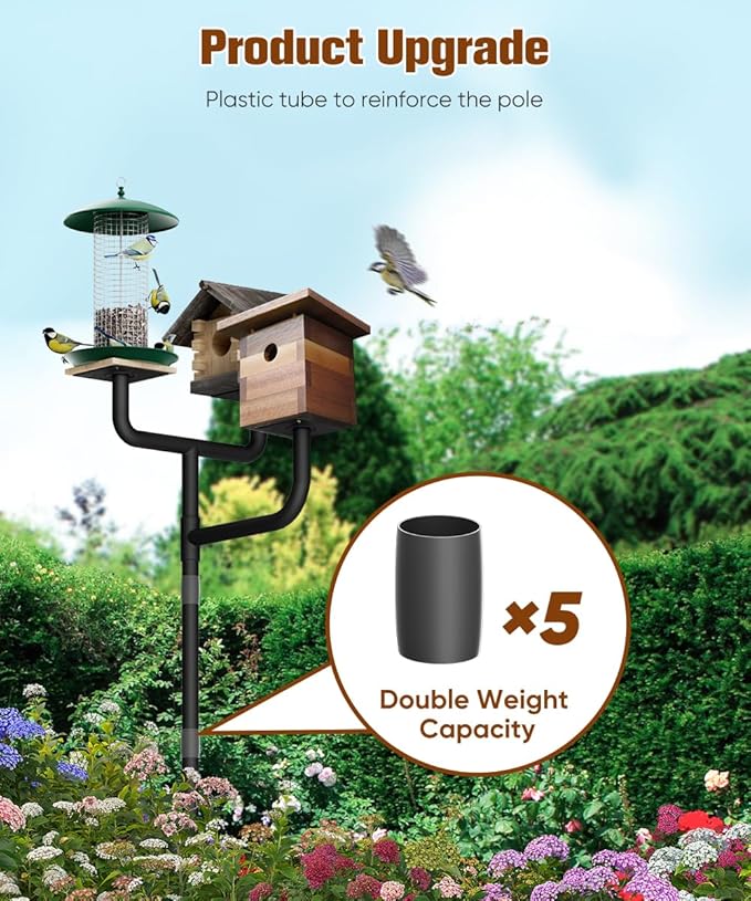 3 Holders Upgrade Bird House Pole with 90inch for Outdoor Bird Feeder Bath, Heavy Duty Adjustable Birdhouse Stand with 4 Plates & 5 Prong Base for Garden, Yard(NO Birdhouse & Birdbath)