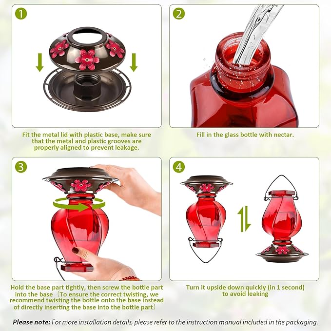 Hummingbird Feeder, BOLITE Glass Hummingbird Feeders for Outdoors Hanging, with Ant Moat and Five Feeding Ports, 22 Ounces, Leak Proof, Red, Birthday Gifts for Women Men, Gifts for Mom Dad