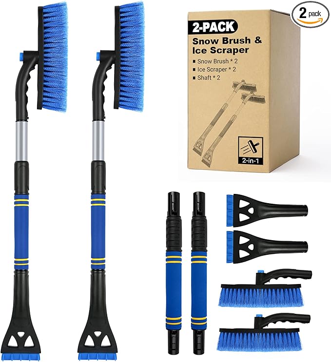 2PCS Ice Scrapers for Car Windshield, 2-in-1 Snow Scraper and Snow Brush for Car SUV Truck, Car Ice Windshield Scraper for Ice and Snow with 360° Pivoting Brush and Ergonomic Foam Grip Blue