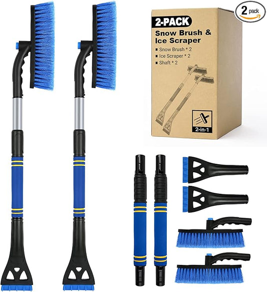 2PCS Ice Scrapers for Car Windshield, 2-in-1 Snow Scraper and Snow Brush for Car SUV Truck, Car Ice Windshield Scraper for Ice and Snow with 360° Pivoting Brush and Ergonomic Foam Grip Blue