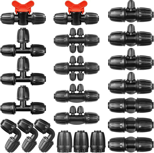 JAYEE Drip Irrigation Fittings Kit for 1/2 Inch Tubing, 22 Pcs Drip Line Parts Locked Nut for Sprinkler System - 3 Tee, 3 Coupling, 3 Elbow, 3 End Closure Plug, 2 Switch Valve, 8 Reducing Connectors