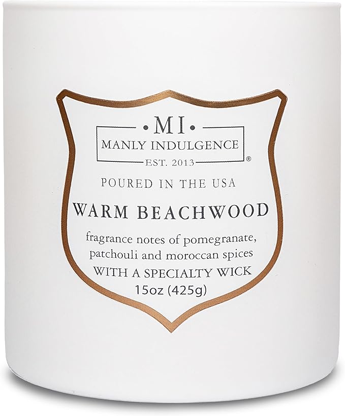 Manly Indulgence Warm Beachwood Scented Candles for Men, 15 oz Wooden Wick, Premium Soy Blend Wax, 60H Burn, Candles for Home Scented - Made in The USA
