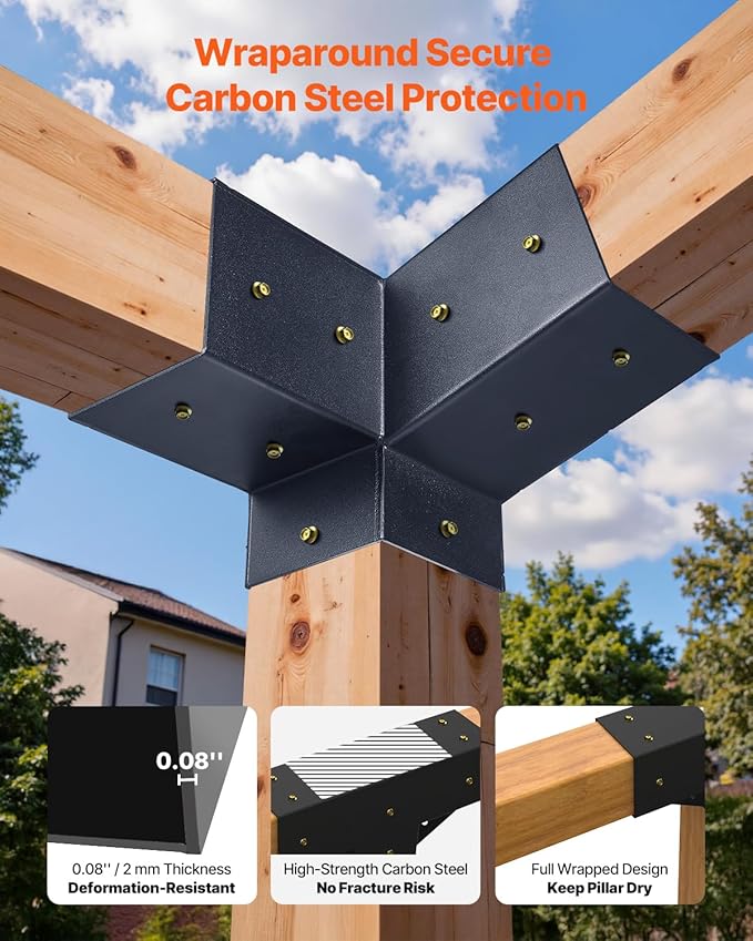 VEVOR Pergola Kit, 4x4 Inch 3-Way Slanted Brackets for 3.5x3.5 Inch Wood Beams in Actual Size, 2-Pack Pergola Brackets with 2 Post Bases and 2 Wall Mount Bases, for Outdoor Pergolas, Gazebos, Sheds