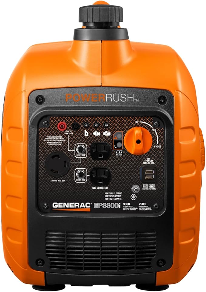 Generac 3,300-Watt Gas Powered Portable Inverter Generator - Lightweight and Compact - USB Ports for Device Charging - Produces Clean, Stable Power - Great for Home Backup, Camping, and RV Use
