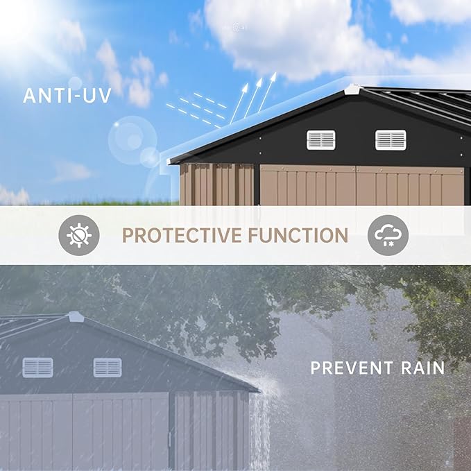 Garvee 12×10FT Outdoor Storage Shed, Metal Waterproof Garden Storage Shed Galvanized Steel Utility Tool Shed with Lockable Doors & Vents, All-Weather Shelter for Bike/Kids Car/Mowers/Tool, etc. Brown