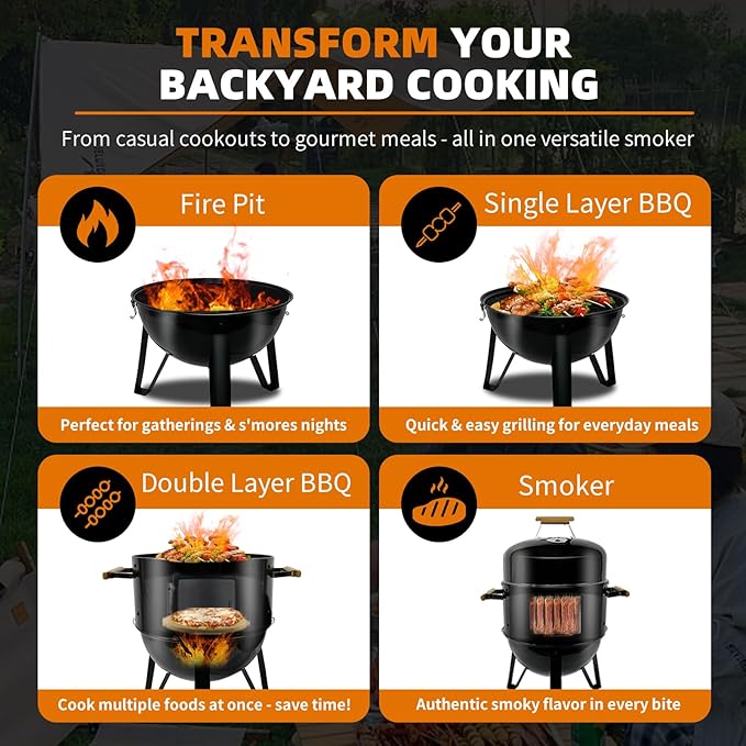 Realcook BBQ Charcoal Smoker Grill: Heavy Duty 17 Inch Vertical Meat Smokers - Porcelain-Enameled Charcoal Grill Smoker Combo for Outdoor Cooking Backyard Picnic Party Grilling