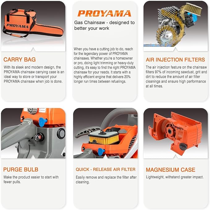 PROYAMA 62CC Gas Powered Chainsaw, 20 Inch 2-Cycle Petrol Handheld Cordless Chain Saw, Gasoline Gas Chainsaws for Tree Wood Cutting