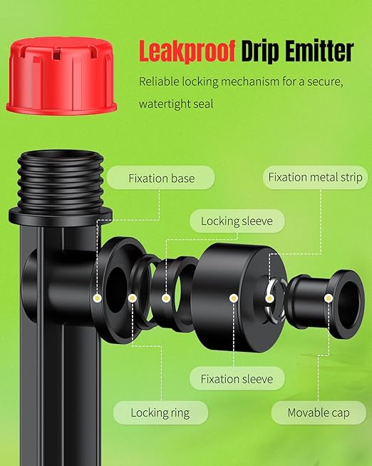 Pawfly 60 Pcs Push-to-Fit Drip Irrigation Emitters for 1/4 Inch Tubing, Drip Emitters Sprinklers with Stake & 8 Holes, Drip Irrigation System Parts with Adjustable Water Flow Irrigation Drippers, Red