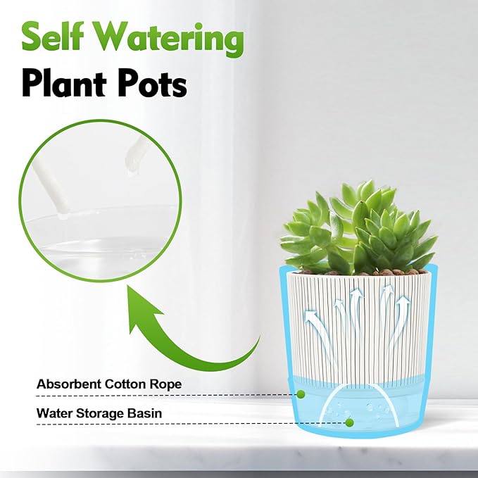 Self Watering Pots for Indoor Plants, 6 & 5 & 4 Inch Stylish Flower Pots, Set of 3 Modern Planters with Self-Watering Feature (Black Stripes)