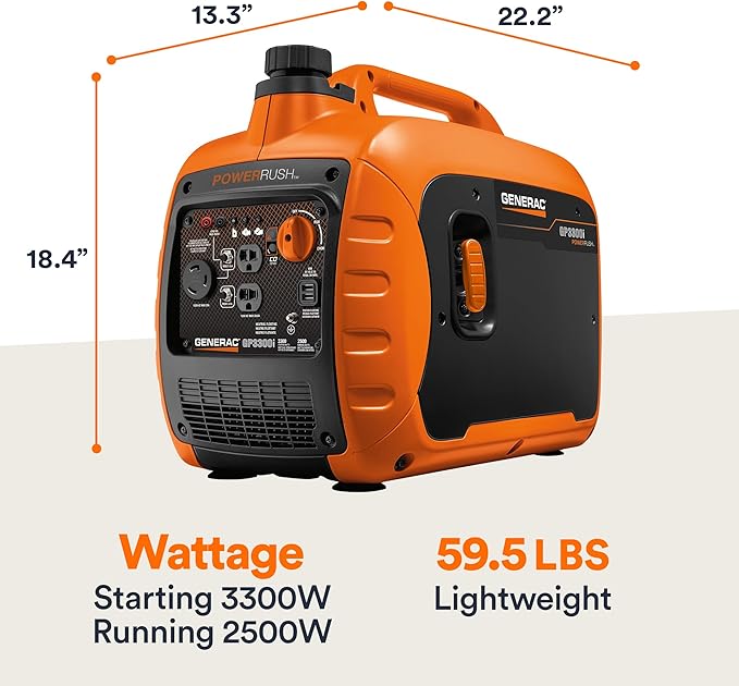 Generac 3,300-Watt Gas Powered Portable Inverter Generator - Lightweight and Compact - USB Ports for Device Charging - Produces Clean, Stable Power - Great for Home Backup, Camping, and RV Use