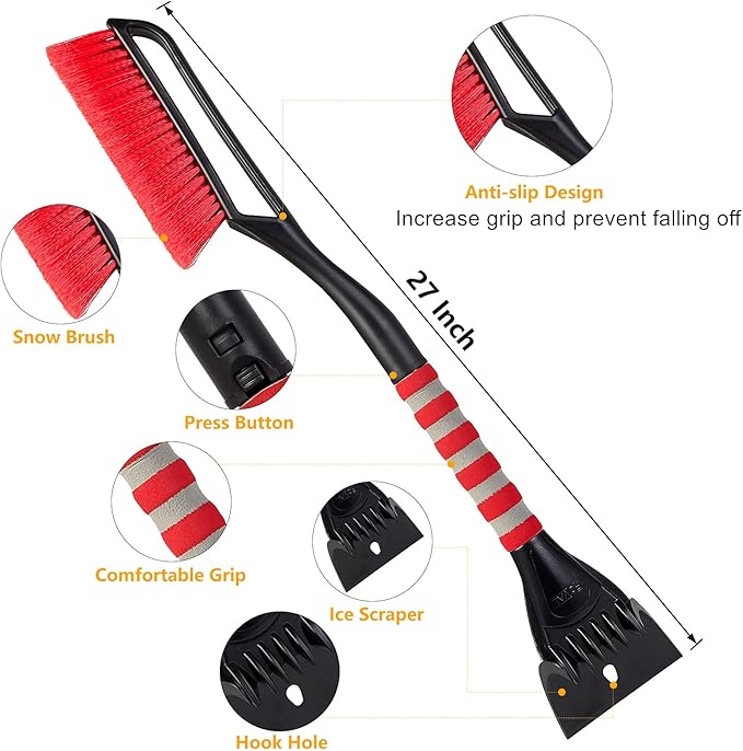 FOVAL 27" Snow Brush with Wider Ice Scraper (4.73" Width)(2 Pack), Snow Removal Car Brush with Comfortable Foam Grip for Cars, Trucks, SUVs, Windshield (Heavy Duty ABS, PVC Brush)(Red)