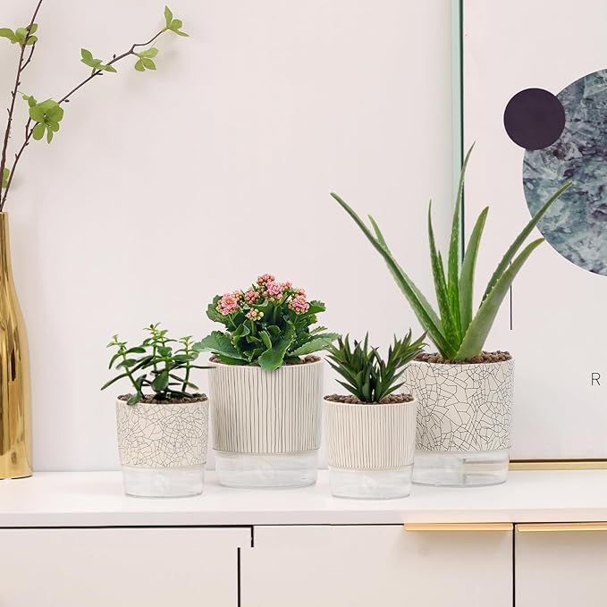 Self Watering Pots for Indoor Plants, 5 & 4 Inch Stylish Flower Pots, Set of 4 Modern Planters with Self-Watering Feature (Mixed Colors)