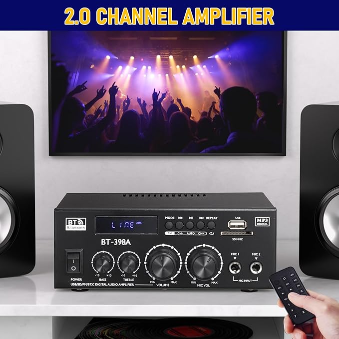 Facmogu BT-398A Stereo Digital Audio Amplifier, Max 450Wx2 HiFi Sound Audio Power Amplifier System, 2.0 Channel Receiver Amp for Home Theater Garage w/Fiber/Copper Jack, USB/SD/AUX/RCA/MIC in w/Echo