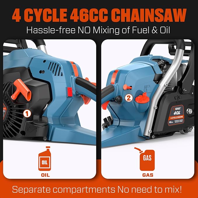 SENIX 16" Gas Chainsaw 46cc 4-Stroke Gas Powered Chainsaws, Cordless Chain Saw with Loop Handle for Wood Cutting and Tree Trimming, Low Emissions & Easy Maintenance, CS4QL-L3