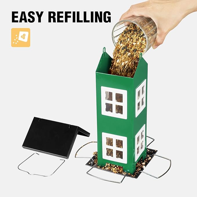 Veehoo Bird House Feeders for Outdoors Hanging-Metal Wild Bird House Feeders with 4 Ports, Country House Design, Garden Yard Decor Hanging Bird Feeder for Outside, Large Capacity, Green