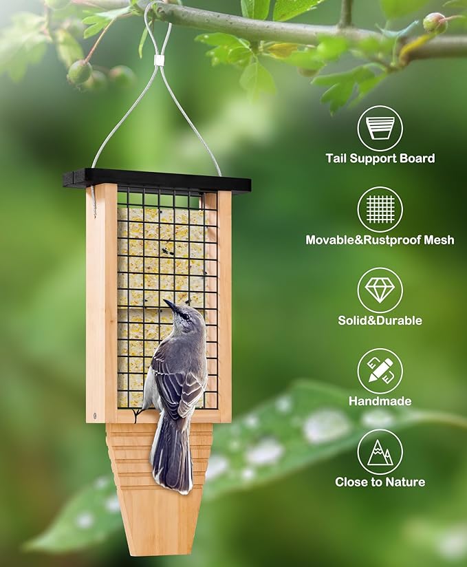 Wooden Suet Bird Feeder for Outside Hanging, Large Woodpecker Suet Feeder with Tail Prop, Hanging Bird Feeder for Wild Birds, 1 Pack, Black