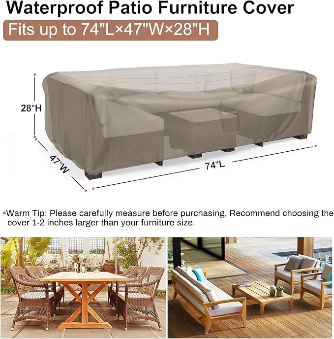 Mrrihand Heavy Duty Patio Furniture Covers, Outdoor Furniture Covers Waterproof Sectional Sofa Set , Patio Table and Chair Set Cover 74"L×47"W×28"H,Brown