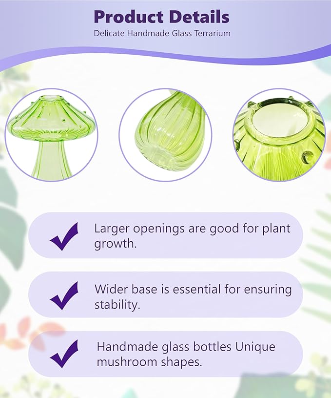 Nacome Mushroom Glass Propagation Station for Plants: Set of 3 Colored Vases Terrarium Kit for Home Office Indoor Hydroponics Decor - Birthday Gifts for Women Mom Grandma