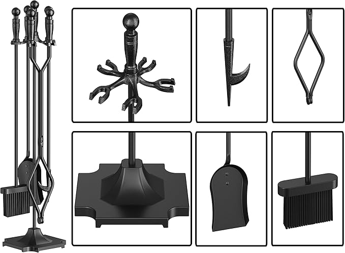 Fire Beauty Fireplace Tools Set 5 Pieces Wrought Iron Fireset Woodstove Log Tongs Holder Fire Kit Setwith Pedestal Place(32 Inches)